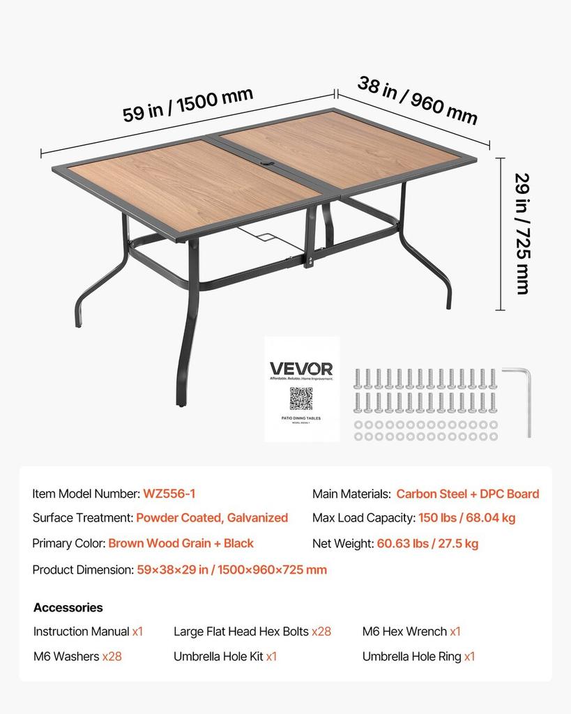 Outdoor Patio Dining Table, 150cm Long Rectangular Wood-Like Steel Slat Backyard Bistro Tables for 4-6, with 38mm Umbrella Hole, All-Weather Large