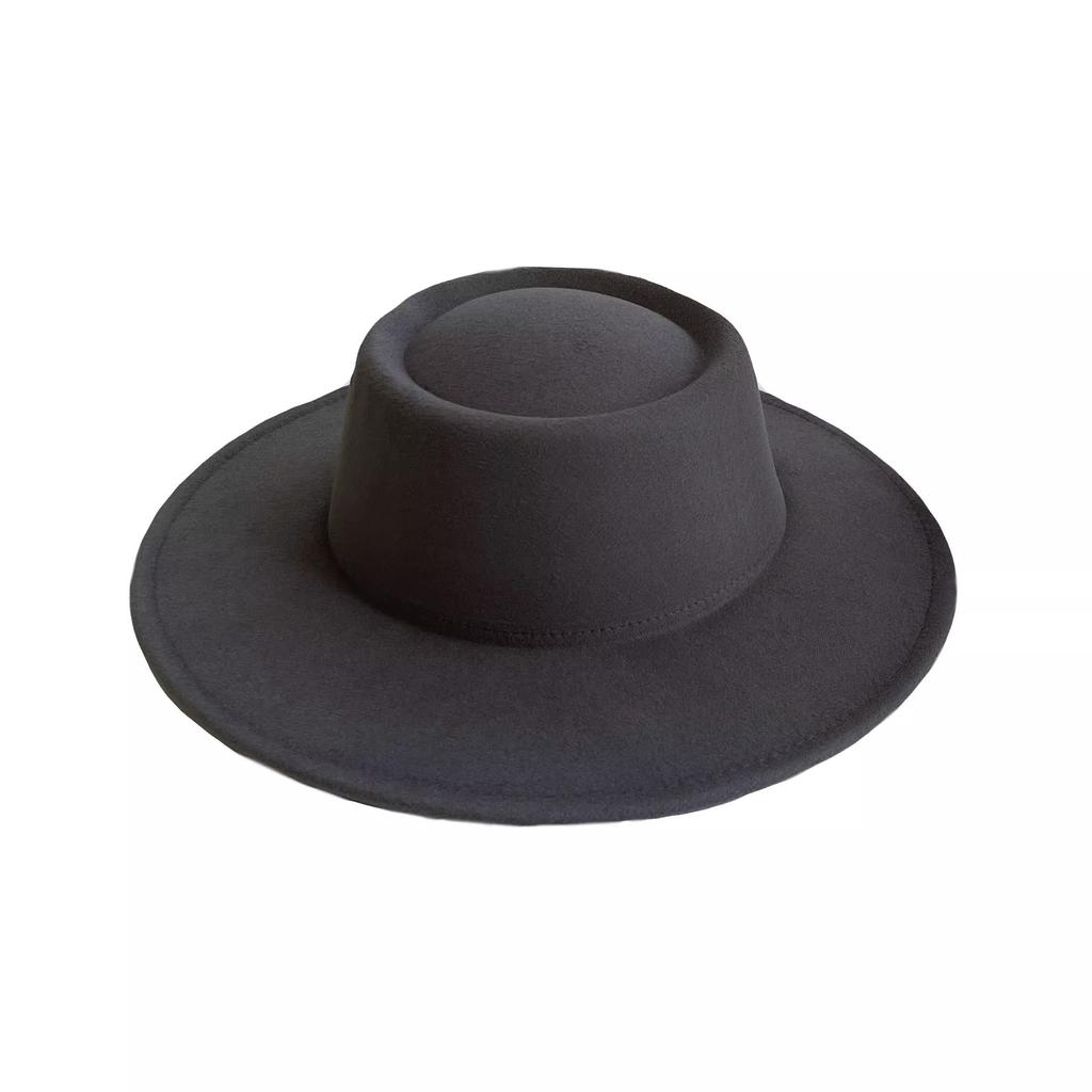 New Retro Imitation Wool Hat for Women Solid Color Versatile French Top Hat British Large Brim Dome Concave Felt Hat
