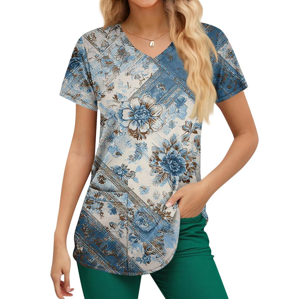 Plus Size Printed Scrub Working Uniform Tops For Women's V-Neck Print Short Sleeve Fun T-Shirts Workwear Tee With Pockets