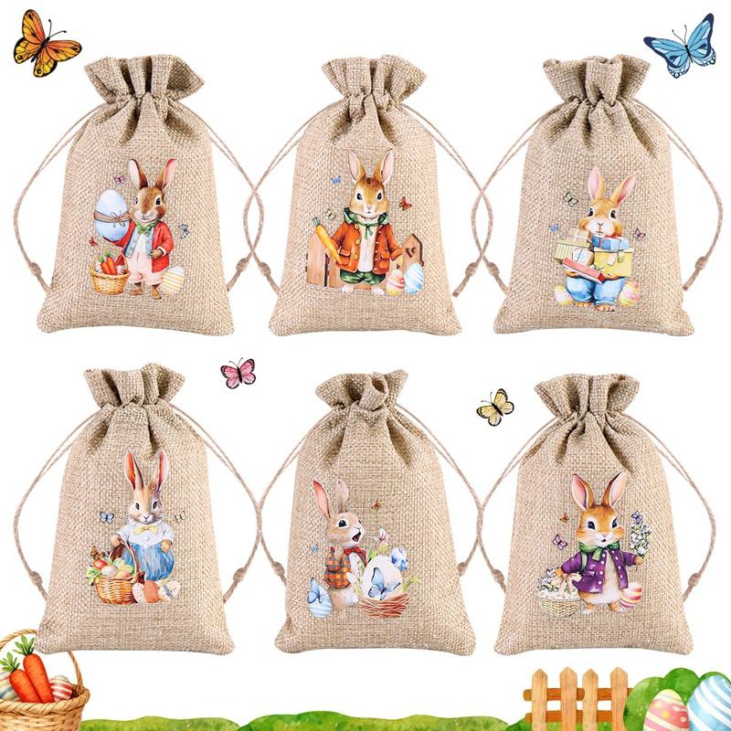 6Pcs Easter Linen Gift Bag Bunny Candy Cookie Packing Bag Spring Easter Party Favor Supplies Kids Candy Gifts Easter Decor 2026