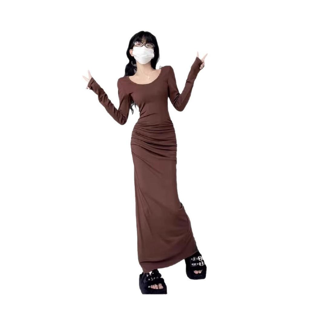 French Retro Solid Color Dress - 2026 Slim-Fit Waist-Cinching Skirt for Spring/Autumn