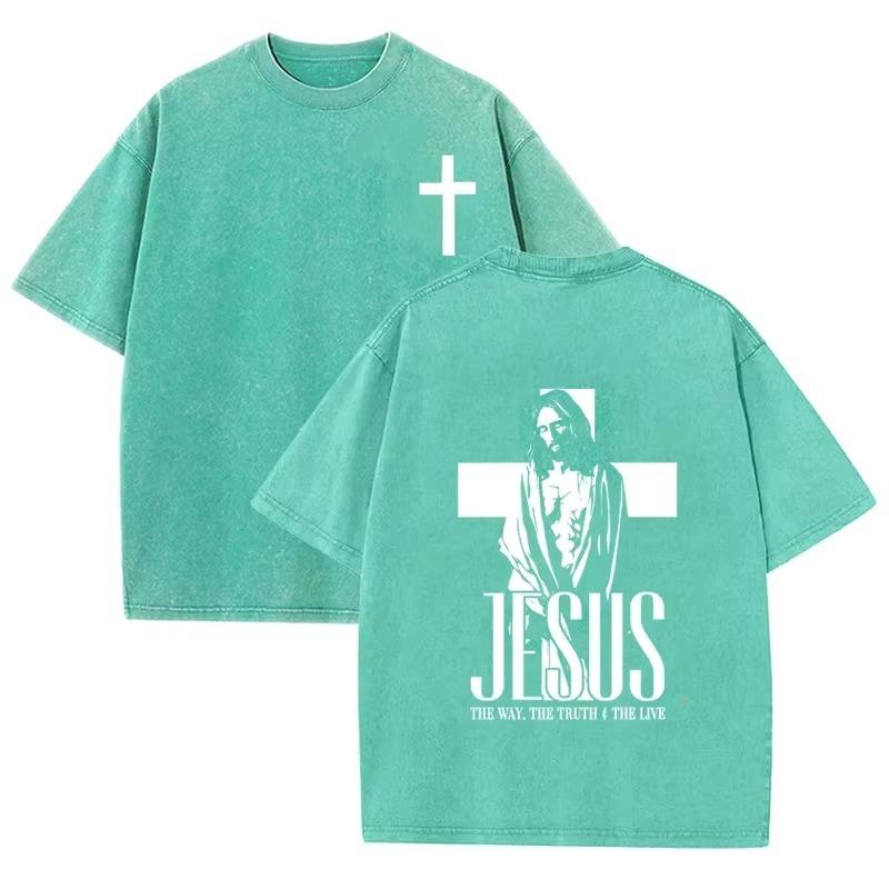 Vintage Washed Double Sided T Shirt Cross Jesus Portrait Letter Print OversizedChristianFaith StreetwearShortSleeveTeeAsian Size