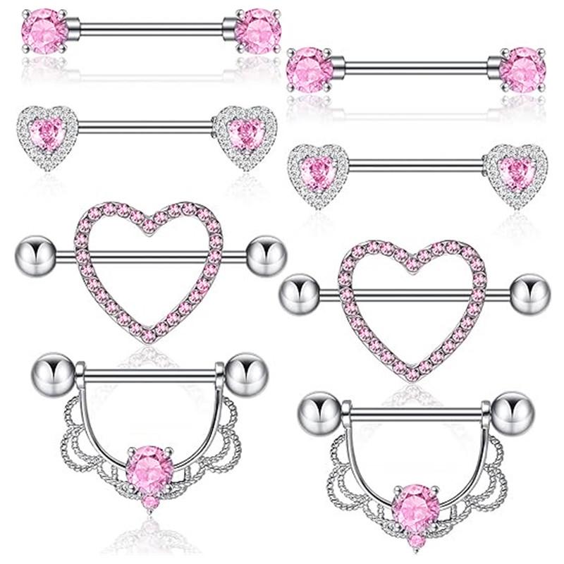 Rosa Herz Brustwarzenpiercing Stange Set Glänzende Kristall Brustwarzenringe Großpackung Für Frauen Blume Brustwarzen Schmuck Packung Piercing Teton Mengen
