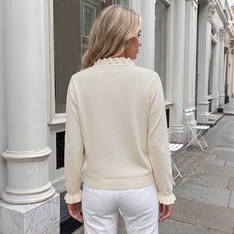 Soft and Pure Color Round-neck Sweater with V-shaped Collar and Pearl Button Decoration