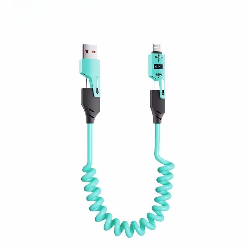1Pc 65W 4 in 1 Spring Short Data Cable 6A USB Type C Spring Telescopic Quick Charger Wire Spring USB Cable