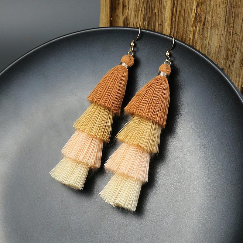 Bohemian color wool fringed earrings women's personality color matching vacation exaggerated temperament long earrings