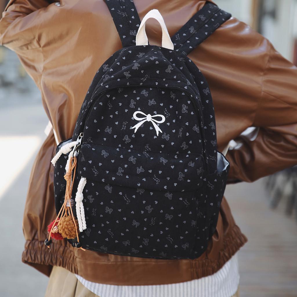 Schoolbag Velvet Backpack Women's High-value Bow Middle School Student Backpack Korean Corduroy Commuting Light Schoolbag