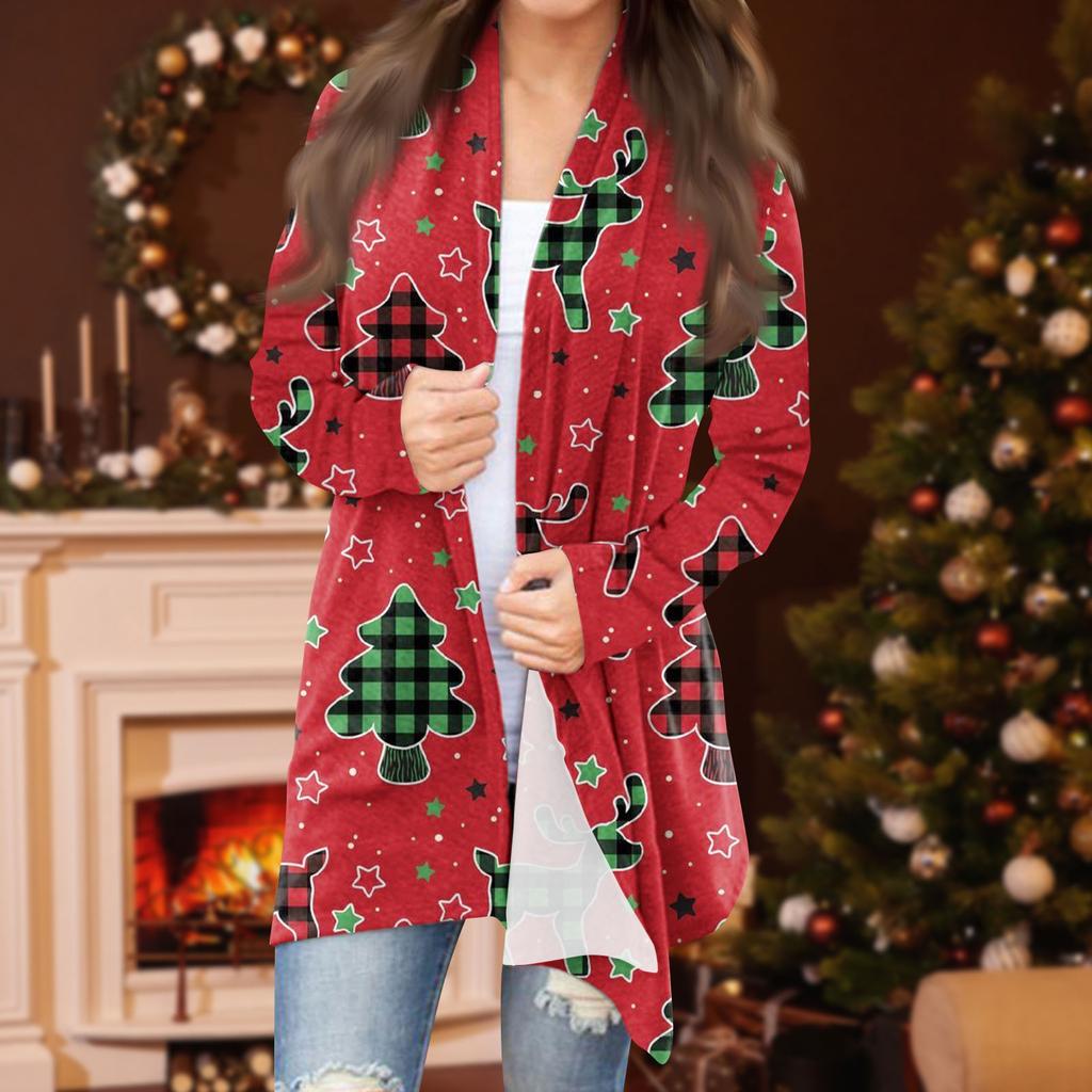 Dámská módní ležérní vánoční bunda se středně dlouhým kardiganem s potiskem