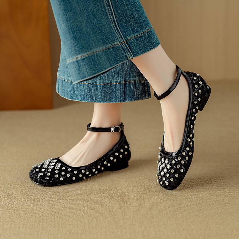 Krazing Pot Knitwear Sheepskin Summer Size 40 Crystal Low Heels Ankle Straps Rhinestone Square Toe Elegant Sweety Pumps