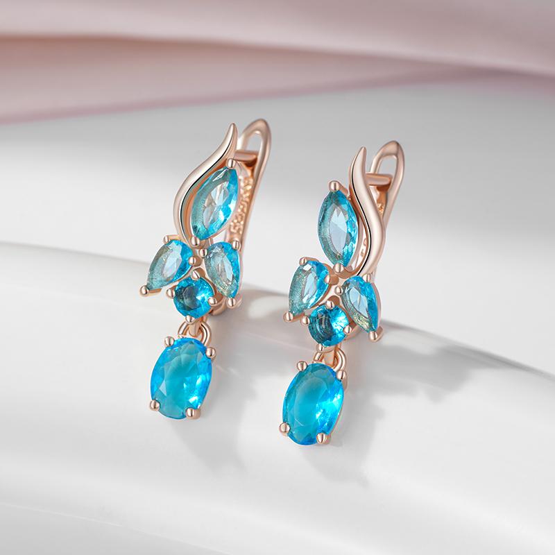 Water Blue Zircon Dangle Earrings For Women Rose Gold Color Long Earrings Fine Jewelry Gift