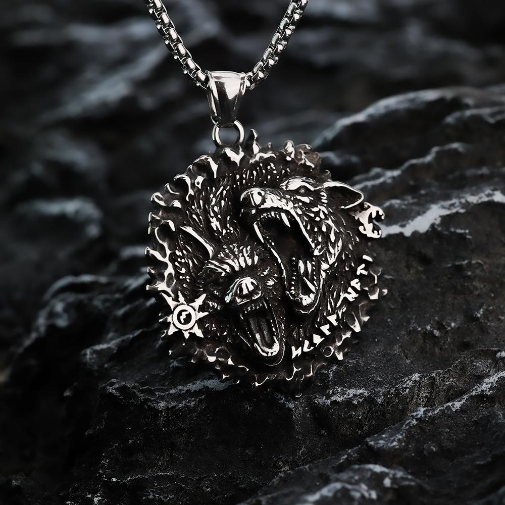 Vintage Viking Style Double Wolf Celtic Knot Stainless Steel Mens Necklace Pendant