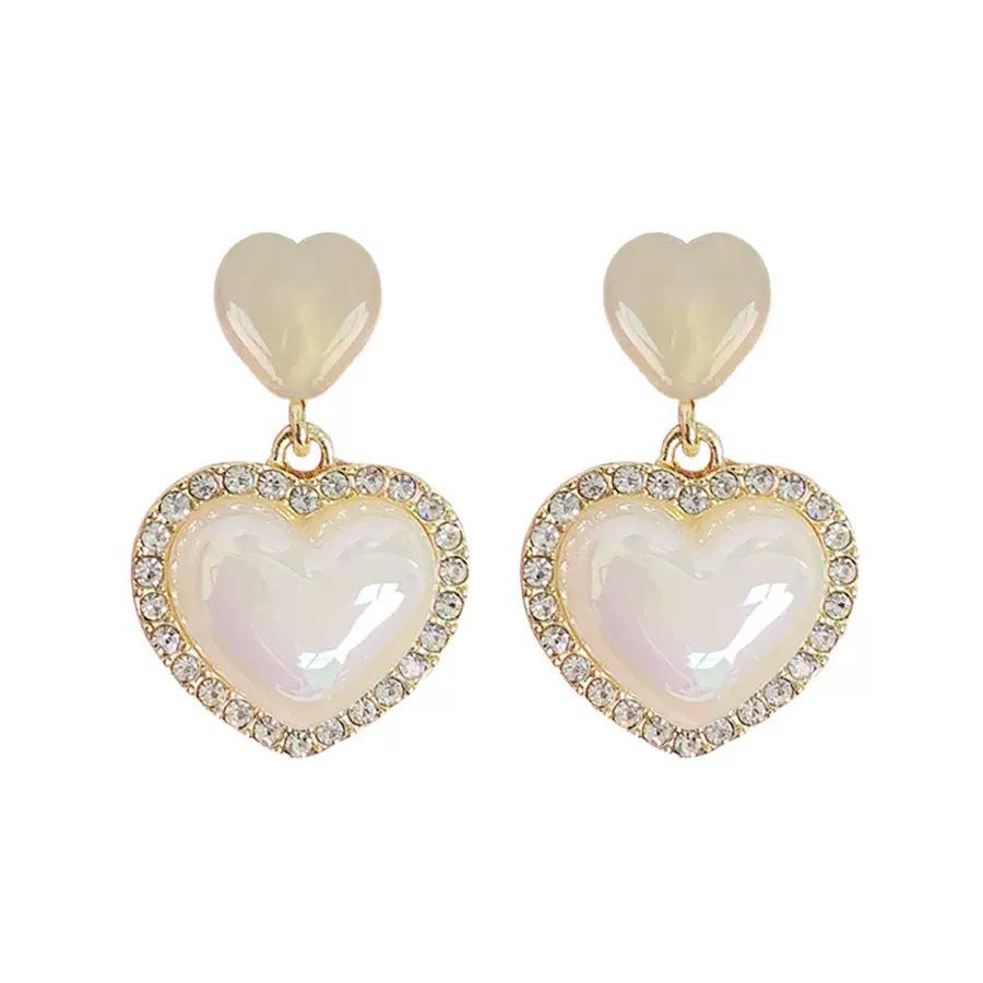 French Iridescent Heart Earrings: Rhinestone-Inlaid Two-Tone Danglers, Luxe Peach Heart Design, High-End Feel 