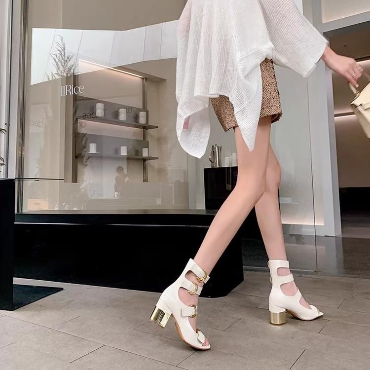

Fashion High-heeled sandals for women, 2025 new style of open-toe, thick-heeled, belt-buckle, square-toed, openwork fashion cool boots 40 белый