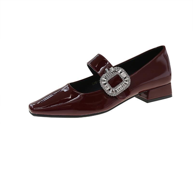 

Rhinestone French Mary Jane shoes women s 2025 spring and summer new patent leather square head thick heel low heel one word with single shoes childr 40 бордовий