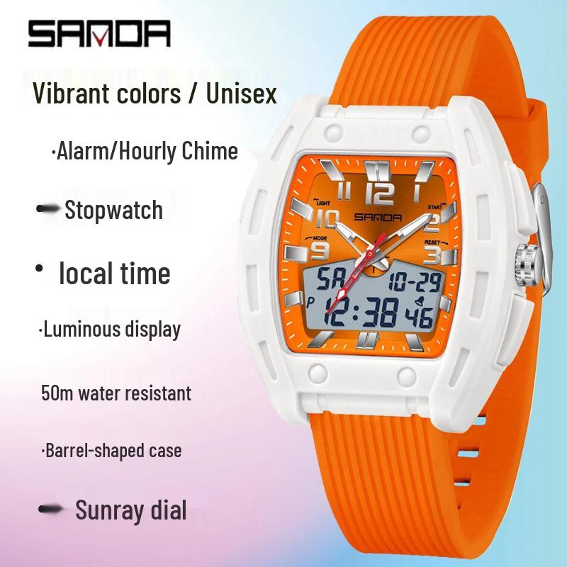 SANDA Men's Waterproof Luminous Sports Watch - Countdown & Multifunctional Barrel-Shaped Electronic Watch with Large Dial