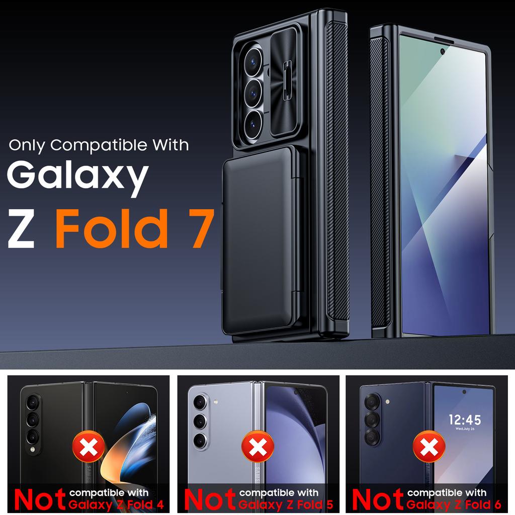 Samsung Galaxy Z Fold 7 Case with RFID Blocking Card Holder Hinge Protection and Built-in Screen Protector-Black