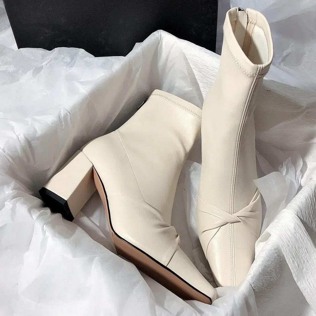 Women Boots 2024 Winter Super High Heels Dress Shoes Bow Pointed Toe Retro Ankle Boots Chunky Heels Elastic Short Botas De Mujer