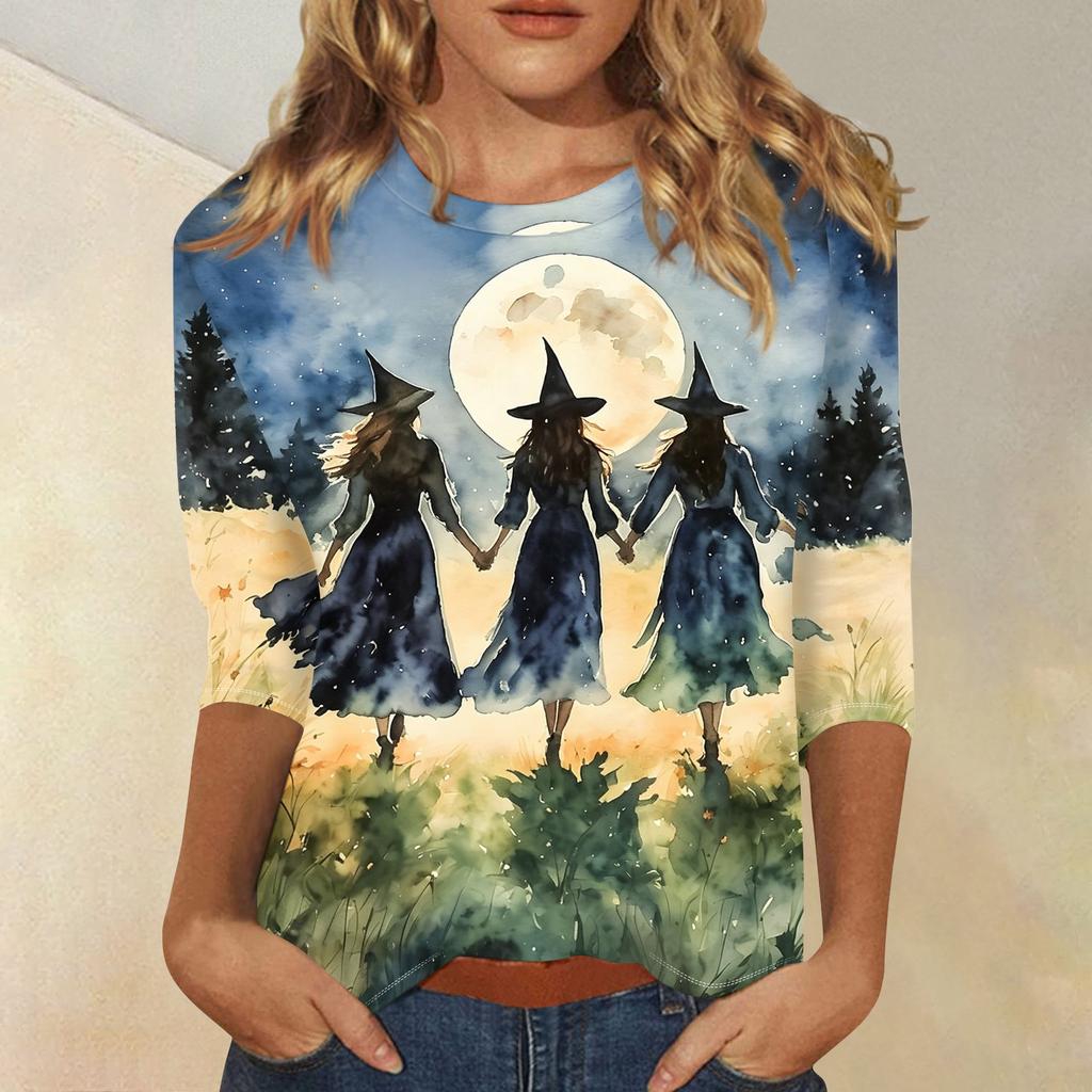 Women's Fashion Casual 3/4 Sleeve Halloween Print Neck Blouse