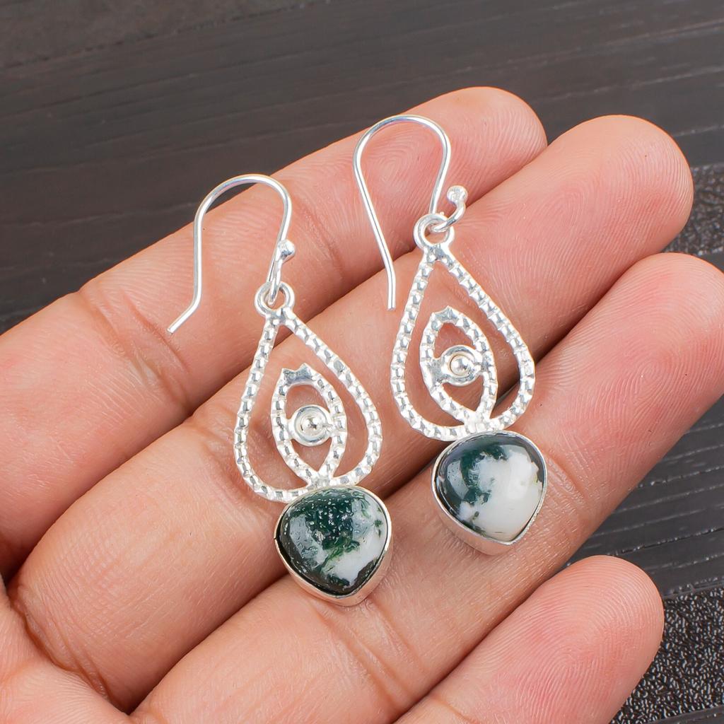 Natural Moss Agate Gemstone 925 Sterling Silver Jewelry Dangle Earrings 2.00" EE-32-26