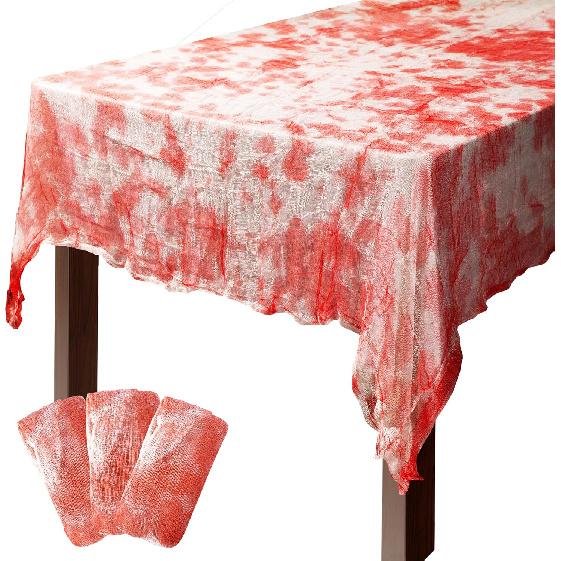 3 PCS Halloween Bloody Gauze Table Cover- 85  x 60 Bloody Handprint Rectangle Tablecloth - Scary Halloween Table Cover for Halloween Decoration, 3