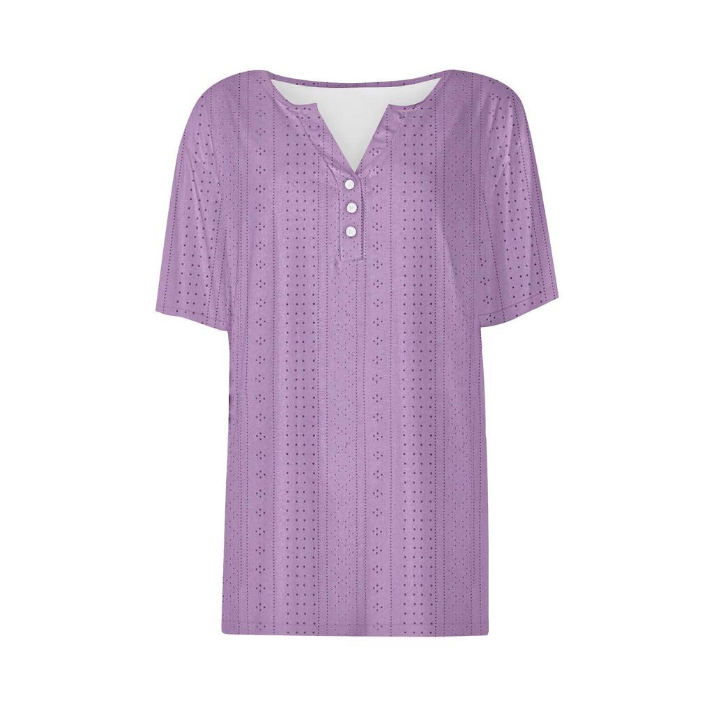 European & American Style V-Neck Jacquard Hollow-Out Short-Sleeve T-Shirt: Fashionable, Casual, Loose, Comfortable Summer Vacation Top