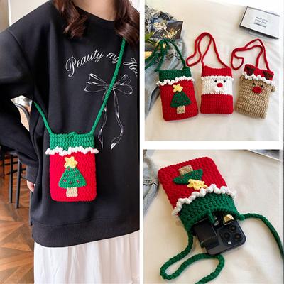 Handmade Wool Crocheted Mobile Phone Bags Creative Santa Claus Christmas Tree Elk Phone Pouch High Beauty Women's Shoulder Messenger Bag Small Wallets