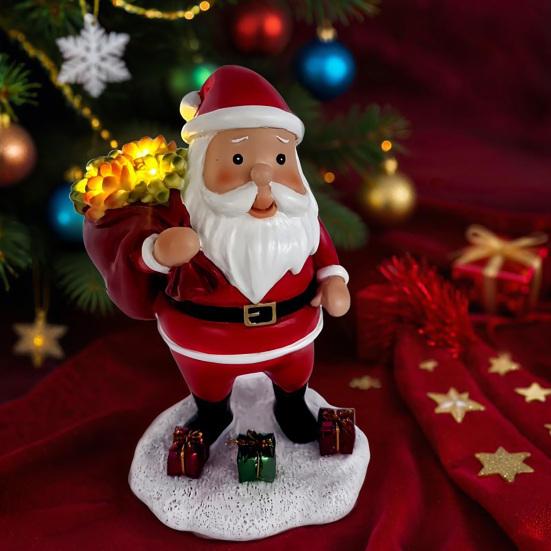 Lighted Santa Claus Figurines Resin Santa Sculpture with Gift Bag on Back Solar Powered