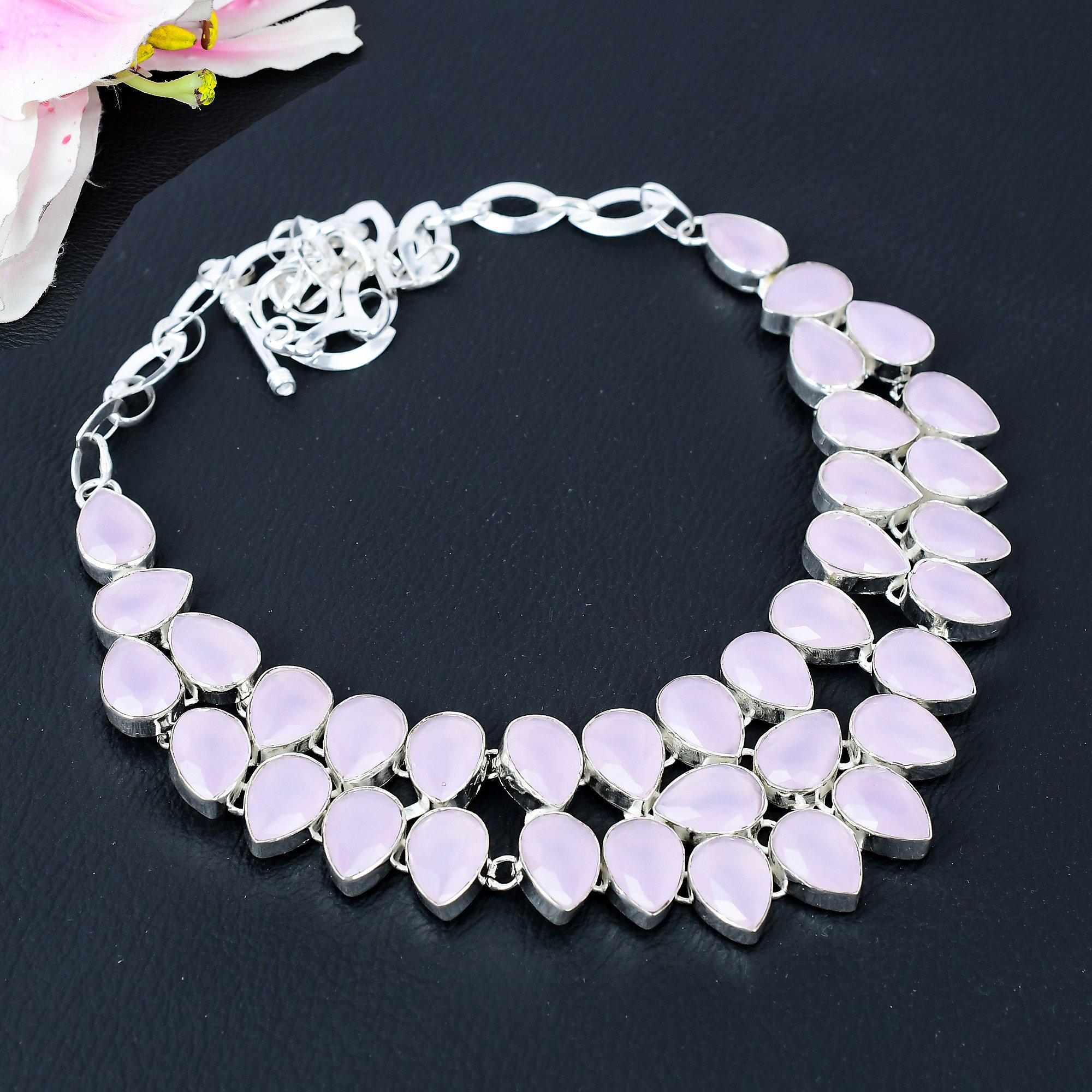 

Pink Chalcedony Gemstone Handmade 925 Sterling Silver Jewelry Necklace 18 KG-400