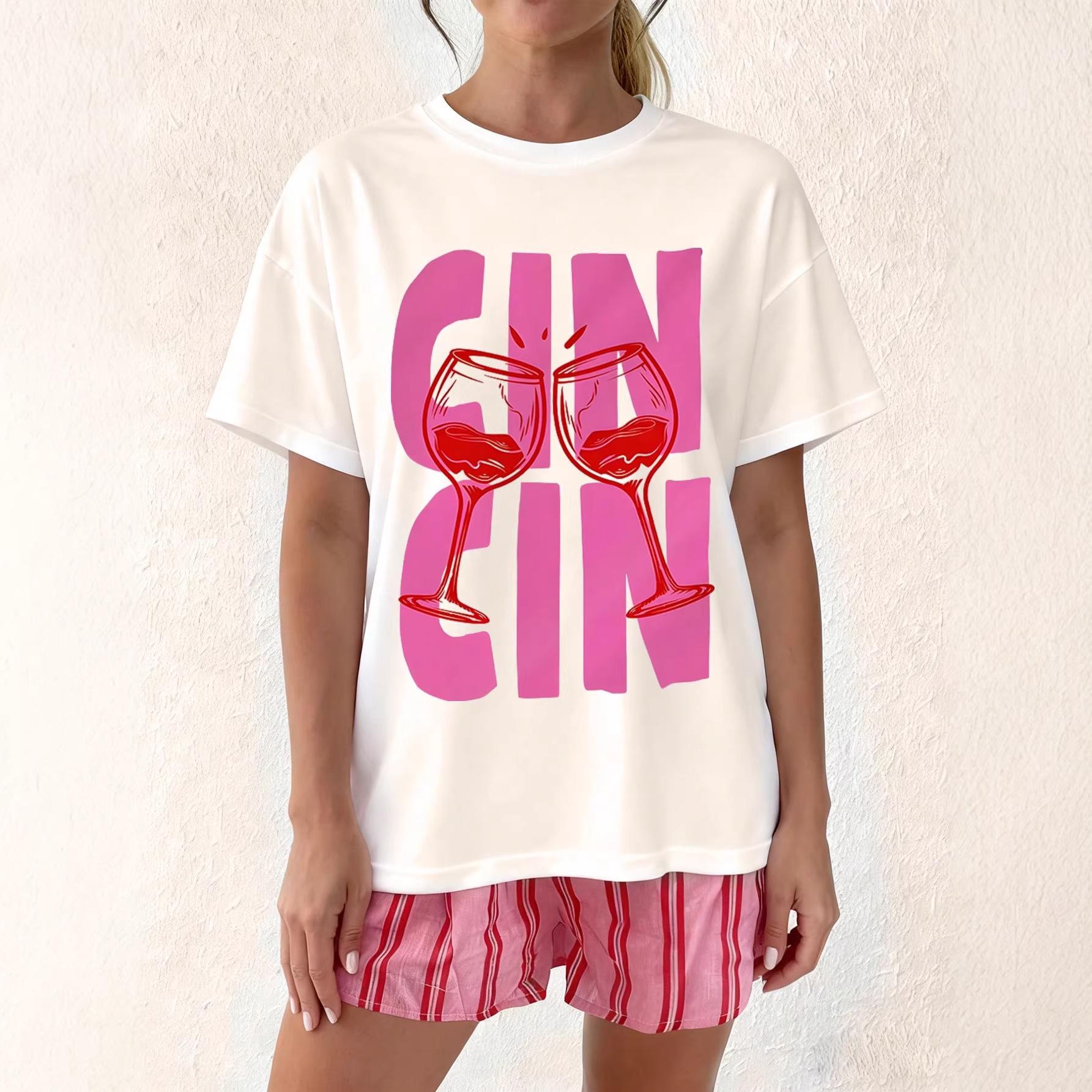 

Women s Casual Loose T-shirt with Cin Cin Cheers Print and Short Sleeves XL білий