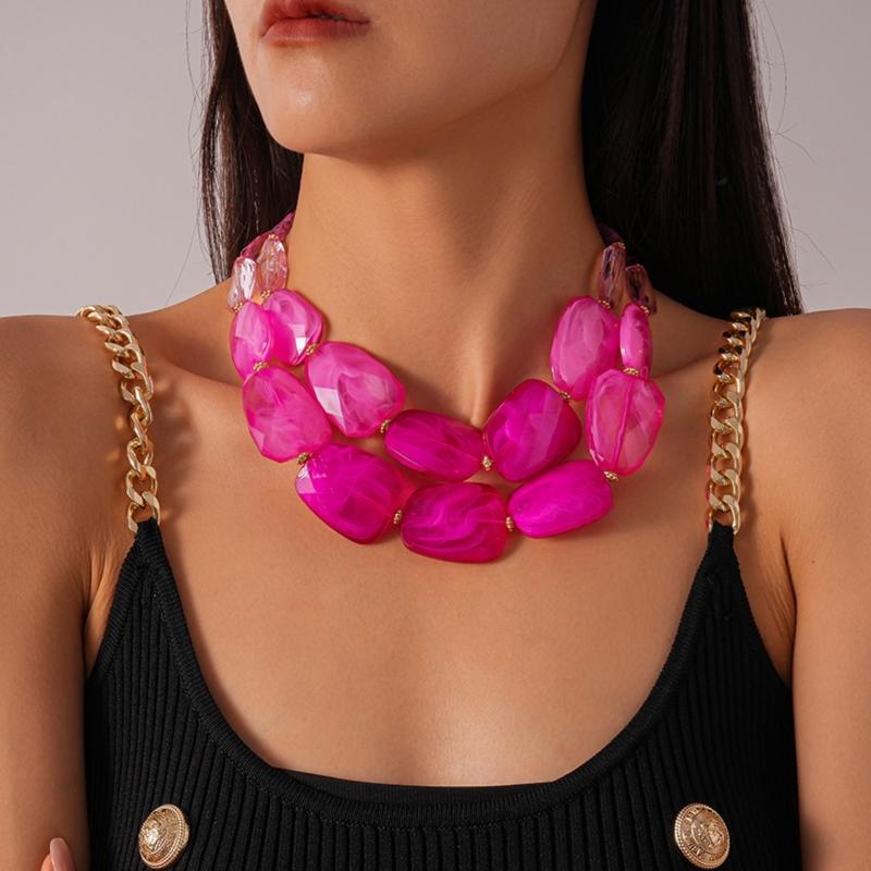 Double Layer Bohemian Acrylic Beaded Clavicle Chain Adjustable Necklace For Women Vacation Jewelry Gift