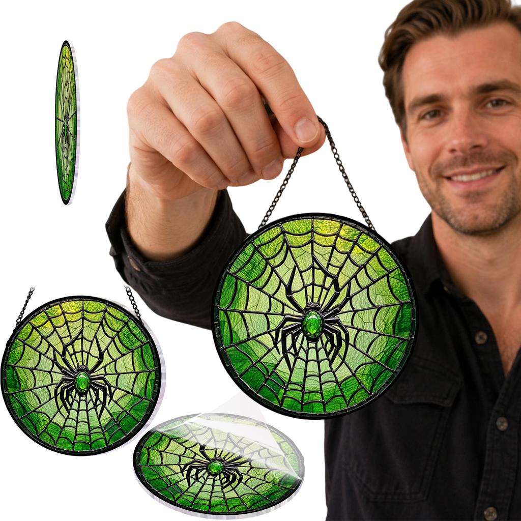 Acrylic Hanging Ornament with Spider Web Pattern Round Shape Decorative Pendant for Halloween Party Home Wall Window Decor