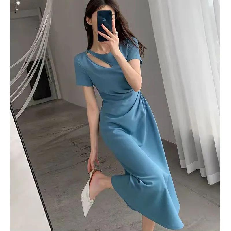 Women's Round Neck Short Sleeve Midi Dress Slim Mid Waist Hollow Cutout Ruched Side A Line Elegant Hepburn Style Summer Long Dress