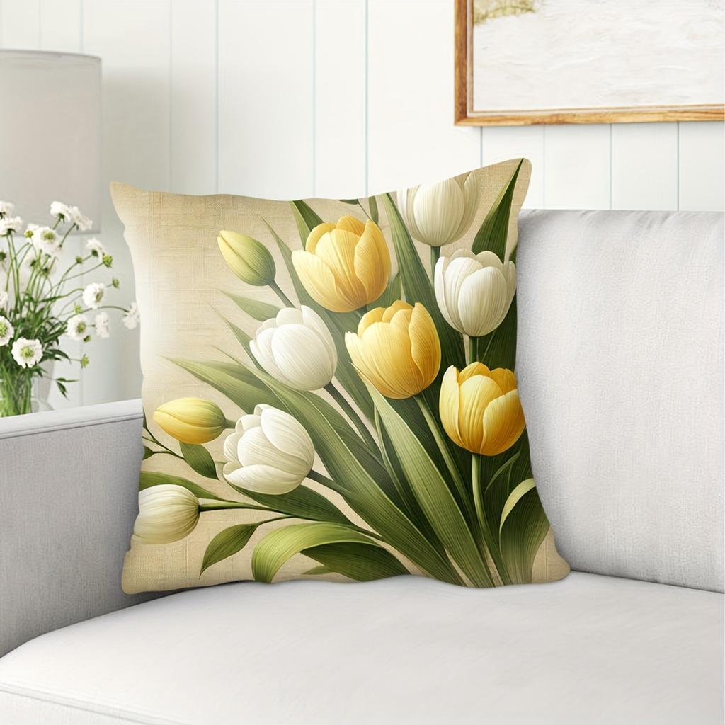 Vikama Yellow And White Tulip Floral Cushion Cover, Perfect For Sofas And As A Mother’S Day Gift, Decorative Cushion Cover
