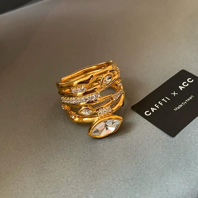 Fashion Exaggerated Zircon Hollow Gold Multi-Layer Line Ring Female Accessible Luxury Niche Design Classy Index Finger Ring 17Mm