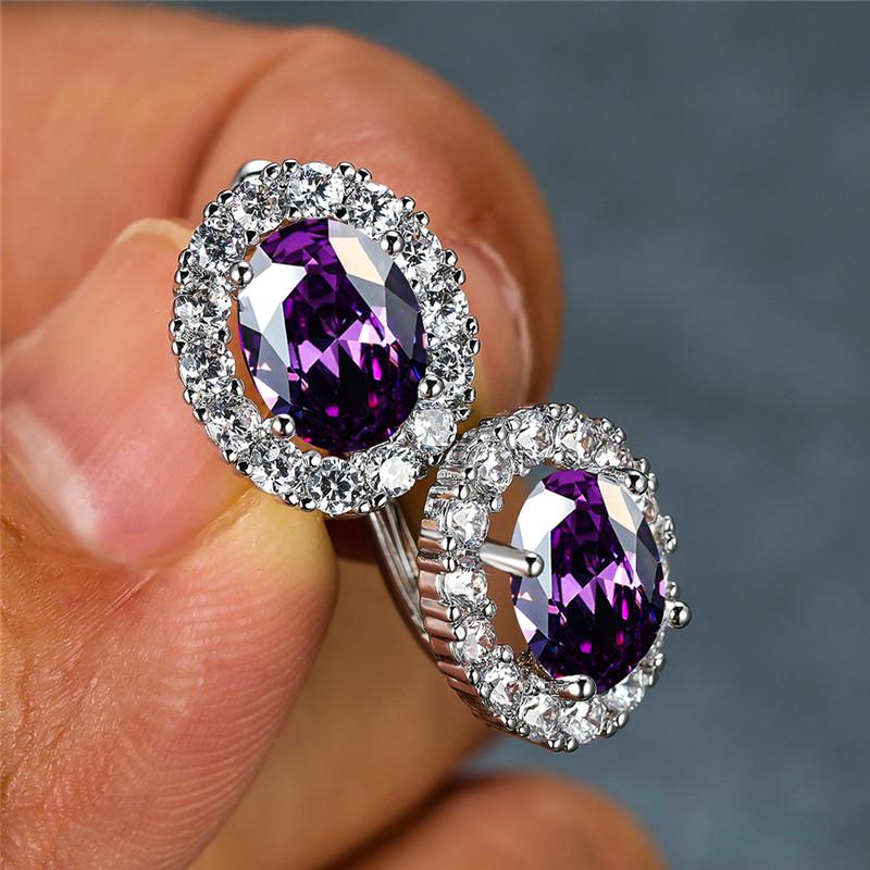 Luxury Crystal Purple Oval Stone Earrings Multicolor Zircon Small Hoop Earrings Classic Silver Color Wedding Earrings For Women