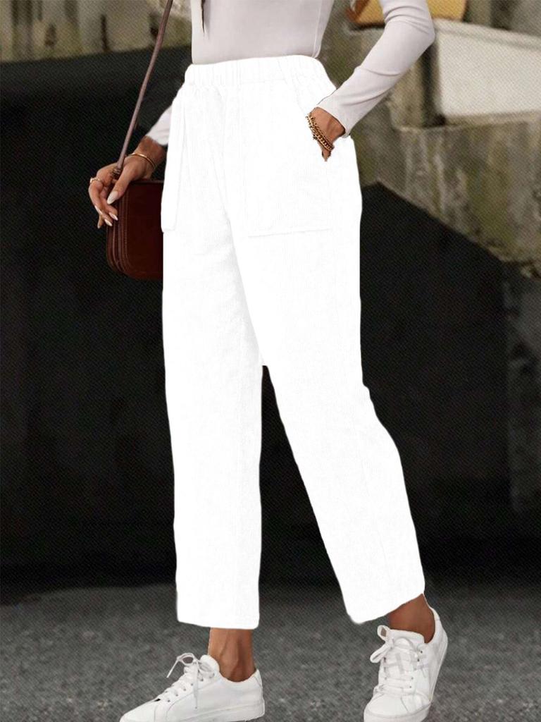 New Fall Women's Clothing Solid Elastic Waist Corduroy Pants Women Straight Leg Casual
