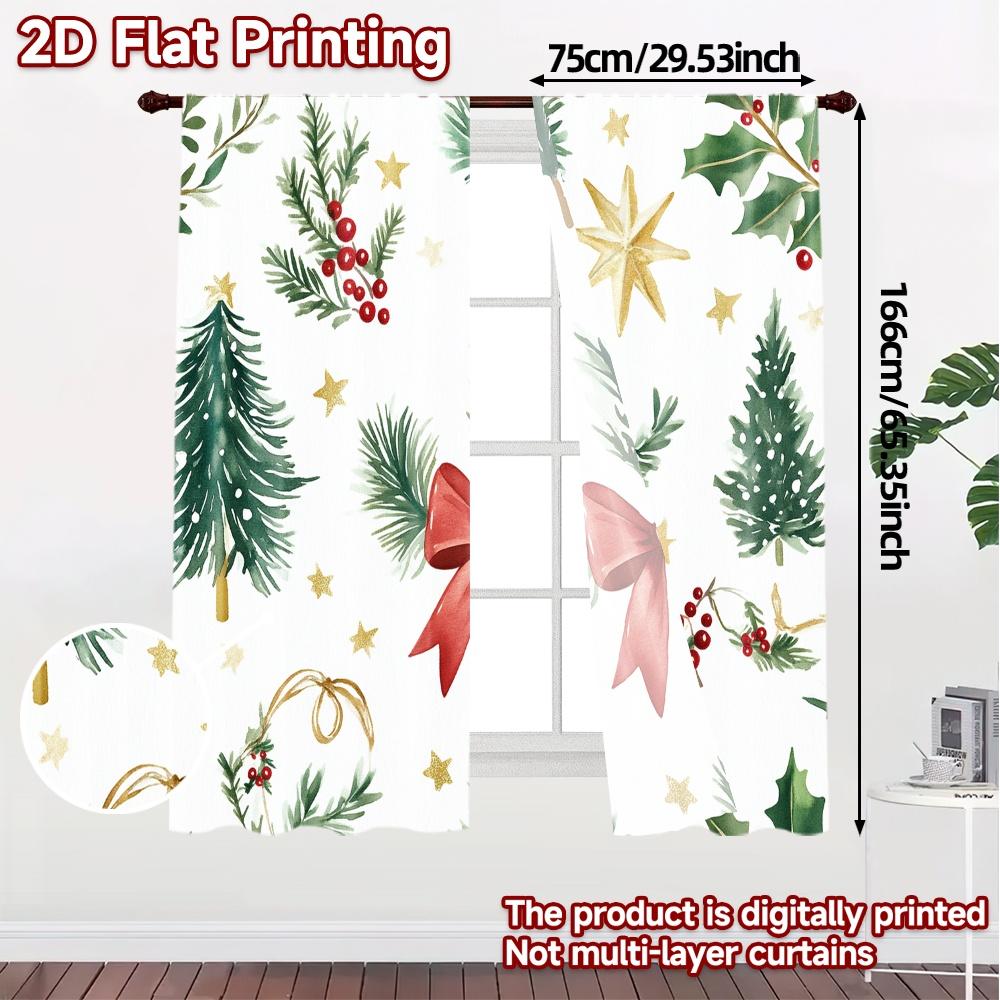 2pcs  Curtains Christmas Bow Holly Berry Tree Fashionable Popular Curtains Durable Polyester Curtains Decorations Inside Use for