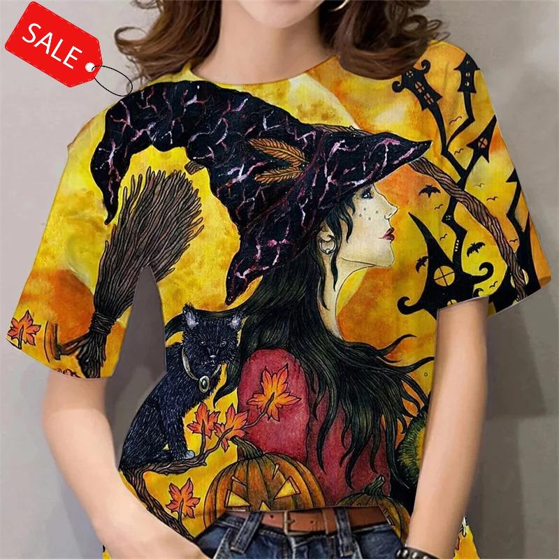 Halloween Pattern T Shirt For Women Witch 3d Printed Short Sleeves Summer Casual Oversized T-shirts O-neck Tops Tees Streetwear