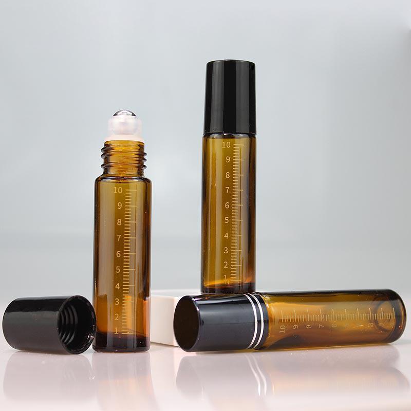 10ml Amber Glass Roller Bottle Scaled Essential Oil Roll On Bottle Sample Test Essential Oil Vials with Stainless Steel Roller