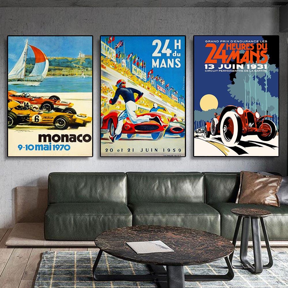 24 Hours of Le Mans Canvas Posters Print Sports Car Pictures Vintage Wall Art Paintings for Home Living Room Bar Decor Framless
