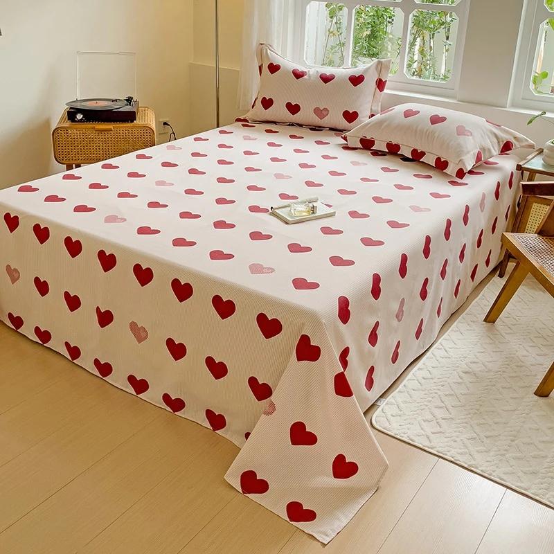 3Pcs Romantic Love Heart Pattern Bed Sheet Set Geometric Printed Thickened Bedspread with Pillowcases Soft Cotton Bedding Set
