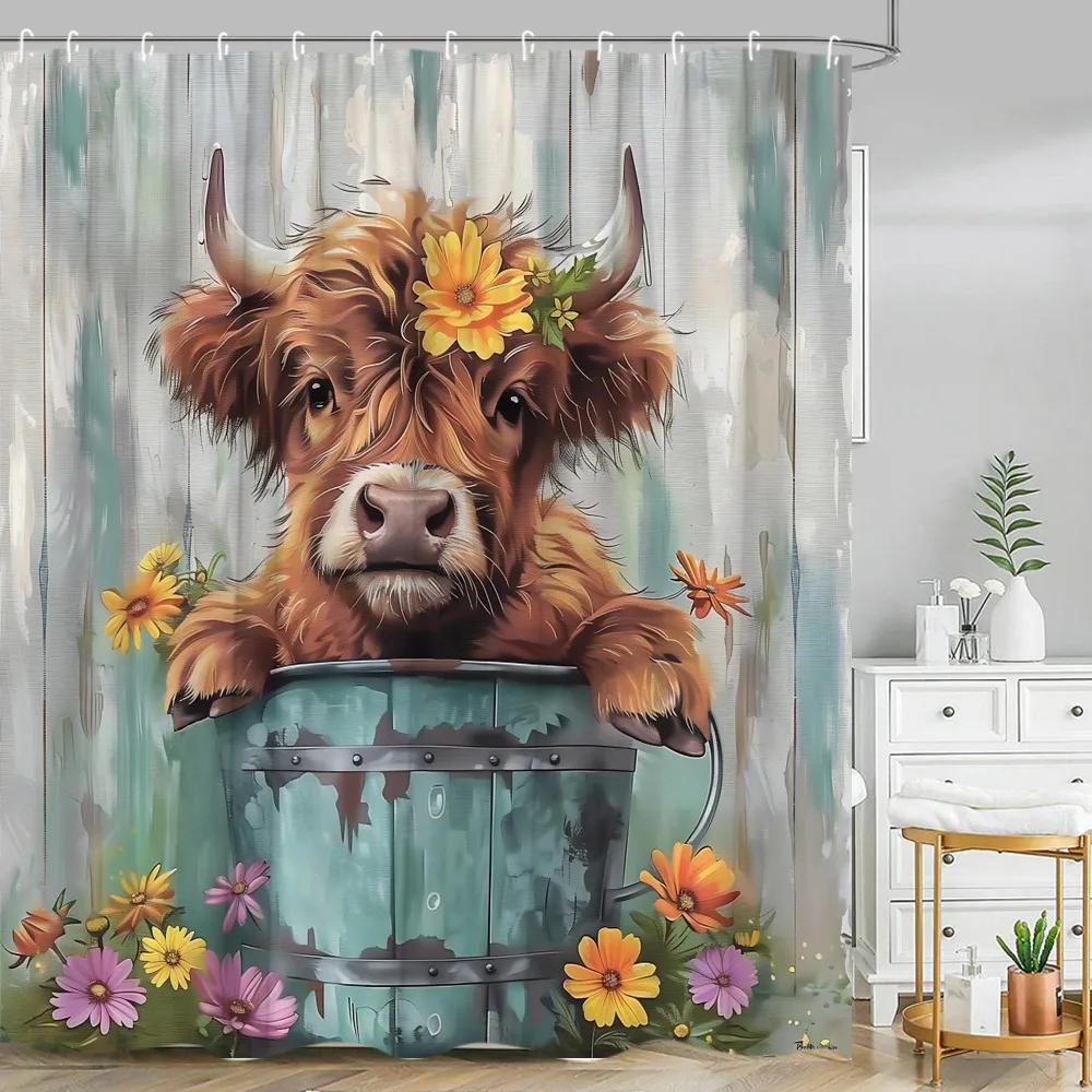 Funny Highland Cow Shower Curtain Farm Cartoon Pig Dog Flower Plant Rustic Farmhouse Kid Polyester Fabric Bathroom Decor Curtain