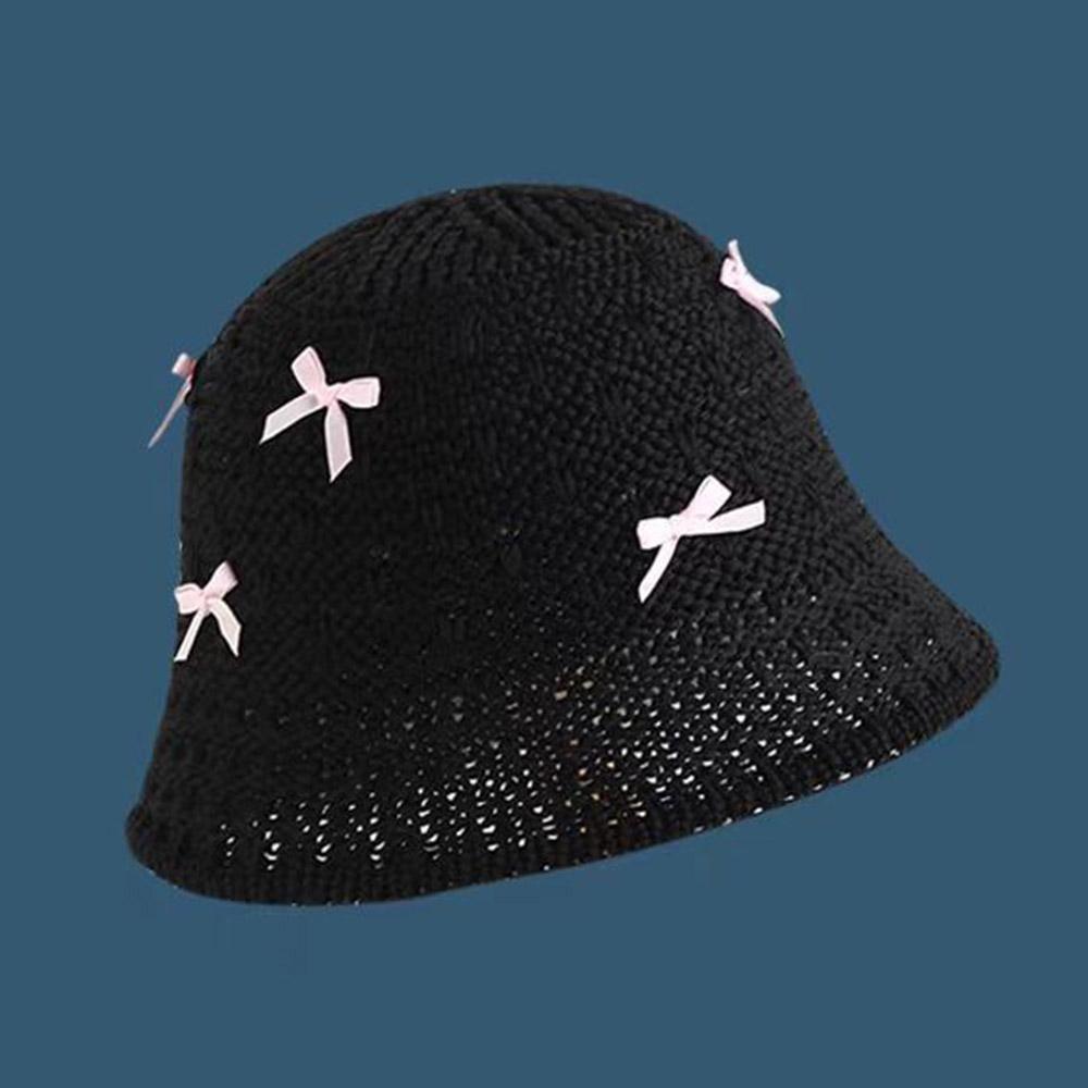 Mini Bow Beach Straw Hat For Women Crochet Fisherman Hat Knitted Hollow Weaving Bucket Hat Sweet Foldable Breathable Sun Cap