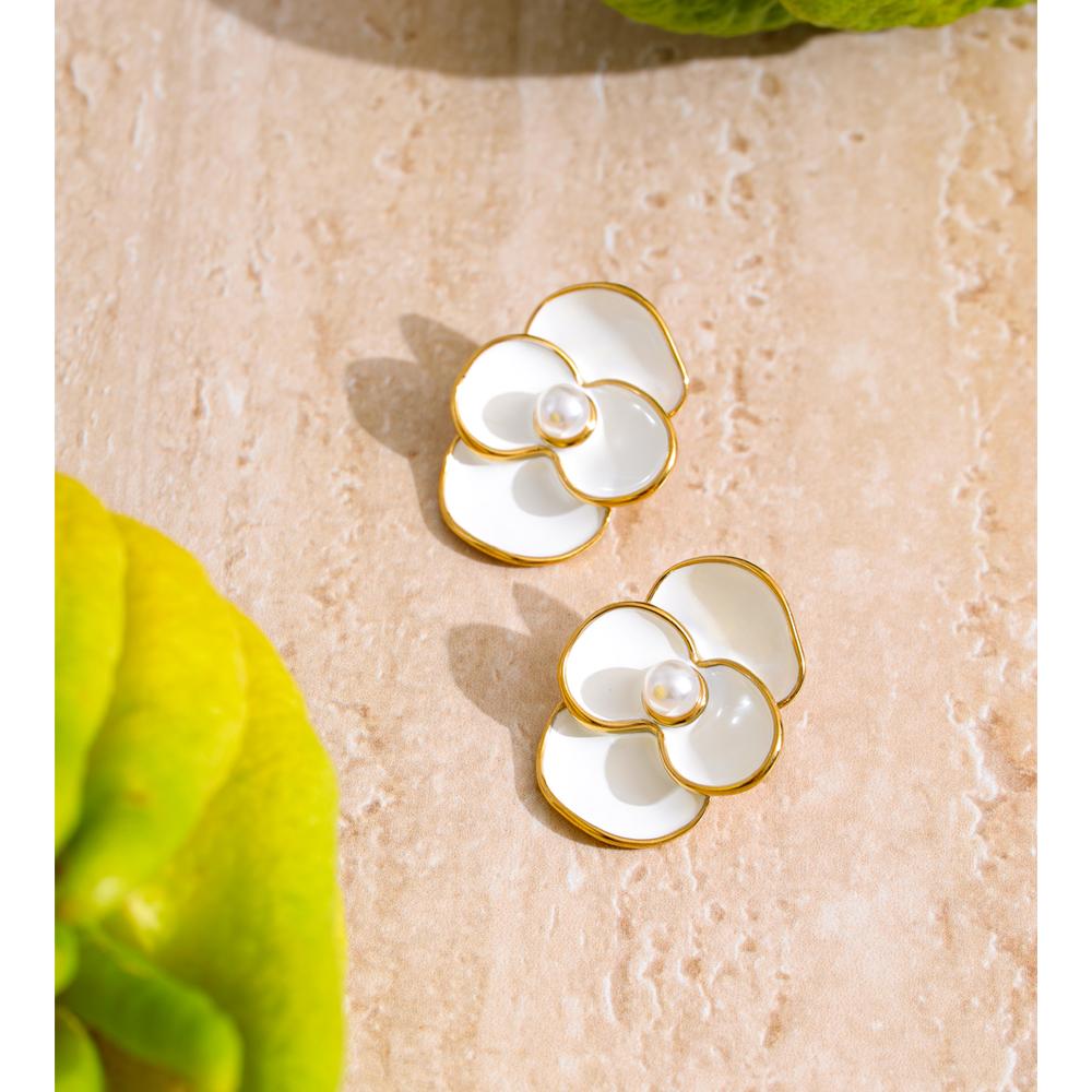 Eetit White Enamel Pearls Flower Stud Earrings for Women Golden Stainless Steel Daily Fashion Jewelry Recommend Gift