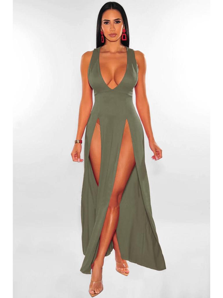 2023 Sommer Mehrfarbiges Tiefes V Schlitz Bandagenkleid - Damen Langkleid für Nachtclubs