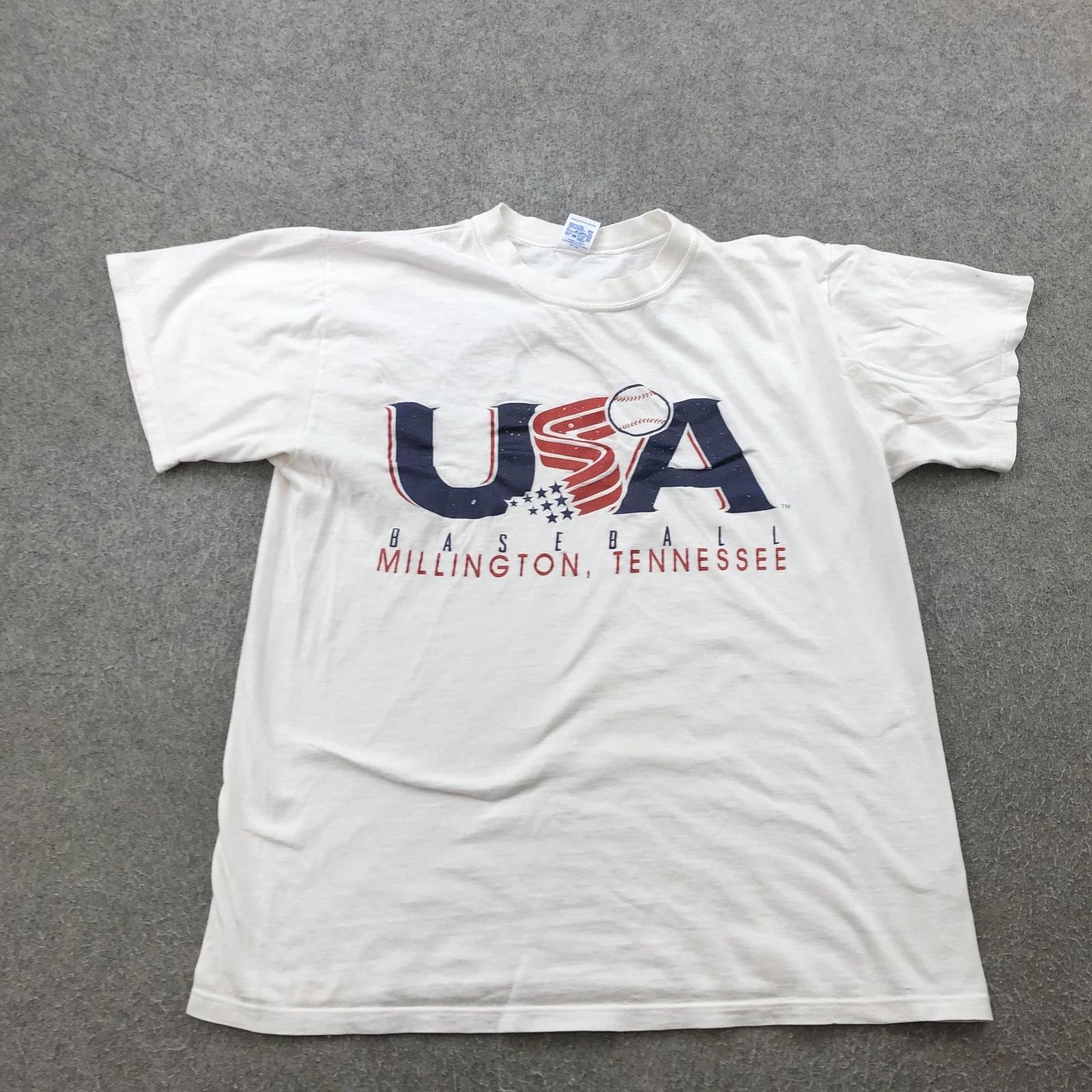 

Vintage USA Baseball Graphic Shirt Mens Large Russell Athletic Made USA 90s 2XL