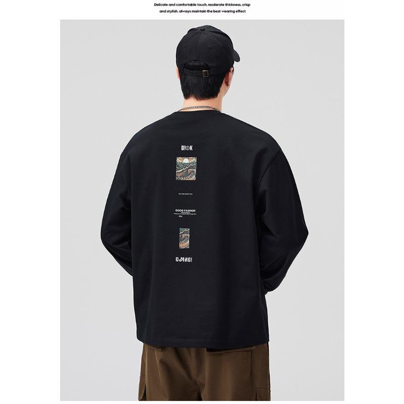 Men Black Printed Round Neck Long Sleeve Loose Casual Cotton T Shirt