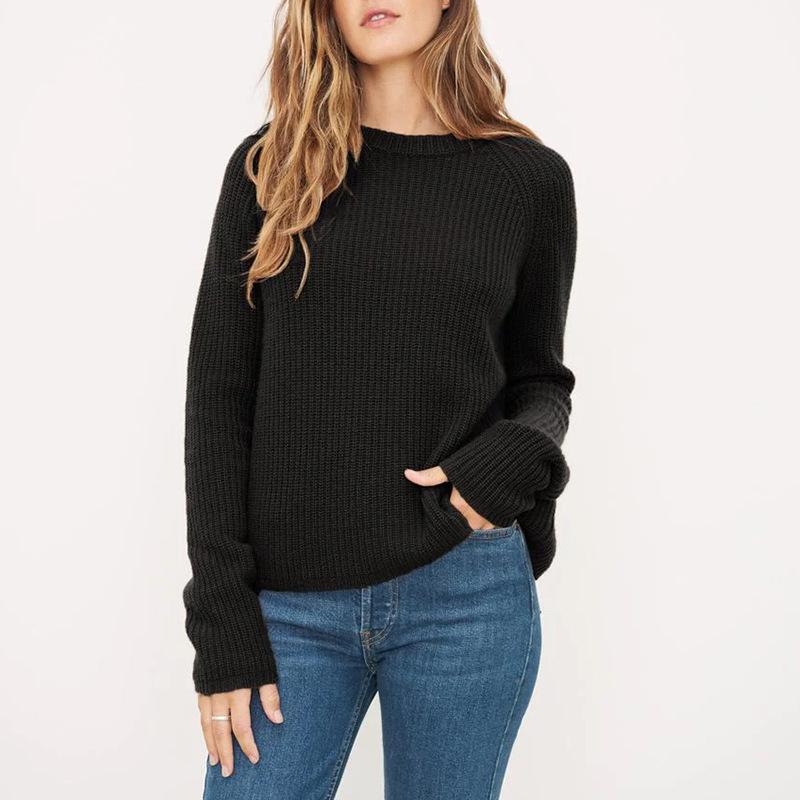 2024 Herbst/Winter Damen Europäischer & Amerikanischer Stil Einfarbig Rundhalsausschnitt Langarm Strickpullover