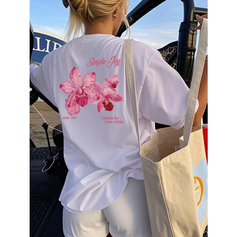 Womens Summer New Floral Letter Print Tee Round Neck Short Sleeve Loose Casual Versatile Top