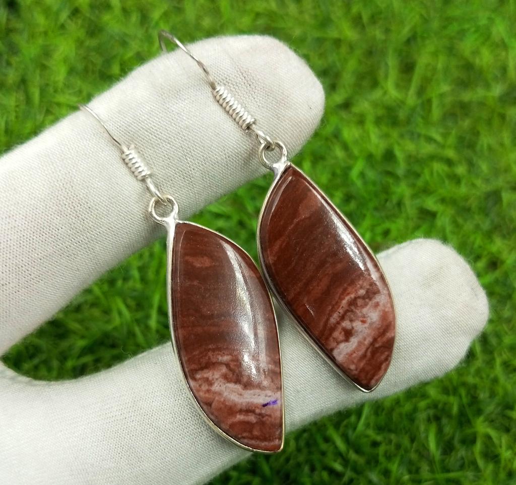 Natural Rosarita Jasper Gemstone 925 Sterling Silver Plated 1 Pair Bezel Women Earring